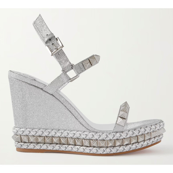 Christian Louboutin Pyraclou 110 Silver Glitter Platform Wedge Sandal Heel 42